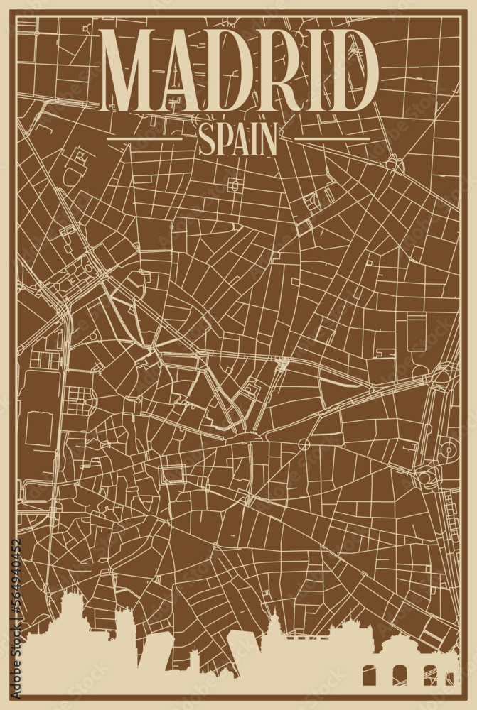 Brown hand-drawn framed poster of the downtown MADRID, SPAIN with highlighted vintage city skyline and lettering Brown hand-drawn framed poster of the downtown MADRID, SPAIN with highlighted vintage city skyline and lettering