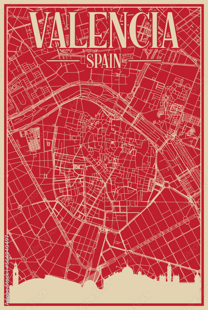 Red hand-drawn framed poster of the downtown VALENCIA, SPAIN with highlighted vintage city skyline and lettering