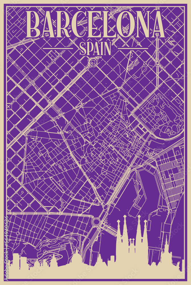 Obraz premium Purple hand-drawn framed poster of the downtown BARCELONA, SPAIN with highlighted vintage city skyline and lettering