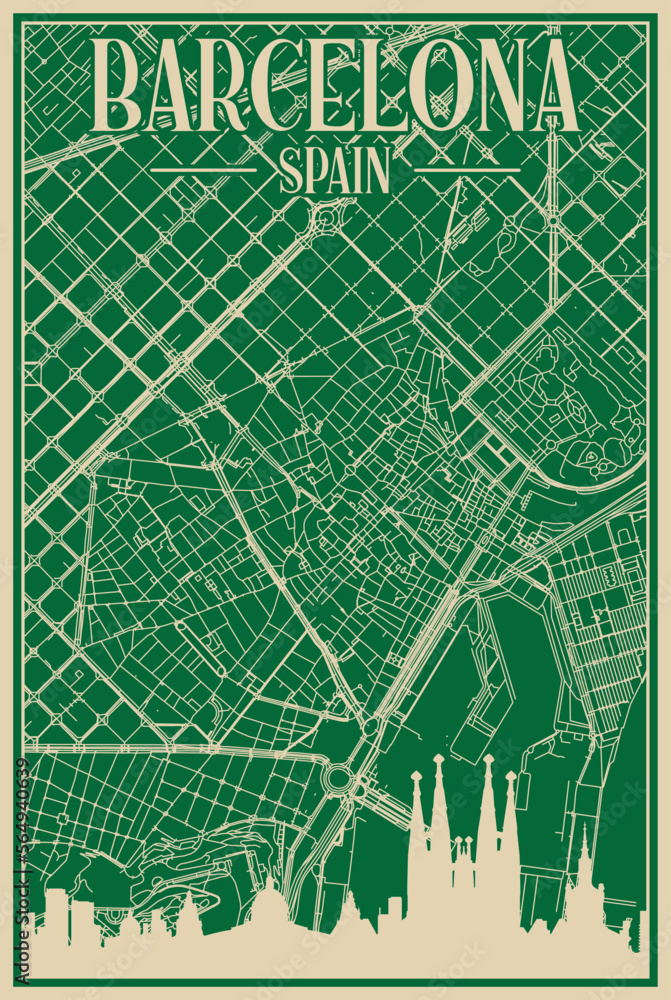 Fototapeta premium Green hand-drawn framed poster of the downtown BARCELONA, SPAIN with highlighted vintage city skyline and lettering