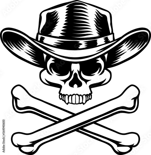 A cowboy grim reaper skull wearing a country or western style hat with pirate cross bones