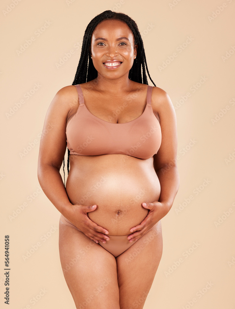 Pregnancy portrait, care and underwear woman with smile, happy and