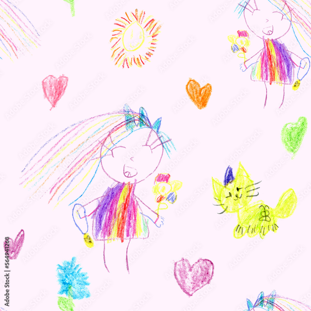 Seamless Pattern With Colored Kid's Crayon Hand Drawn Cat, Girl, Sun and Heart Seamless Pattern With Colored Kid's Crayon Hand Drawn Cat, Girl, Sun and Heart