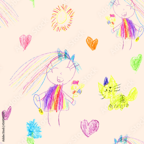 Seamless Pattern With Colored Kid's Crayon Hand Drawn Cat, Girl, Sun and Heart