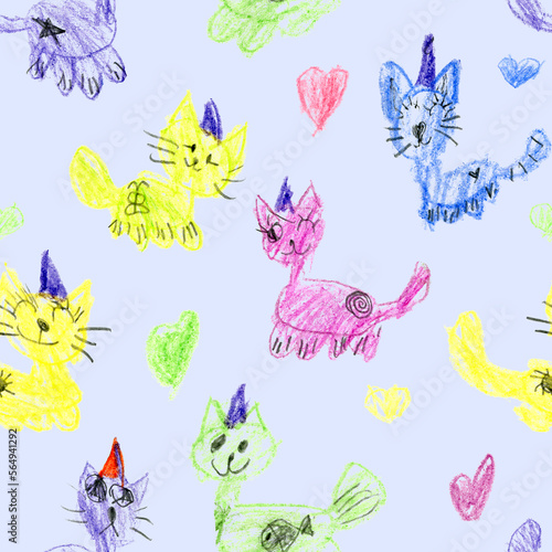Seamless Pattern With Colored Kid's Crayon Hand Drawn Cats llustration