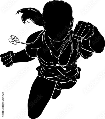 A doctor or nurse super hero woman in silhouette flying wearing hospital medical scrubs.
