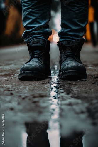 Close-up of man legs in black sneakers on the floor