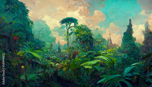Colorful jungle background with copy space highly detailed rea illustration Generative AI Content by Midjourney