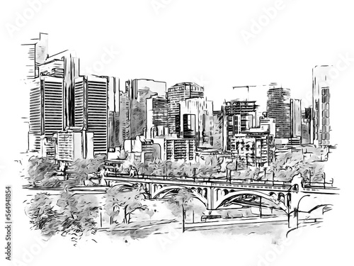 Calgary skyline and Centre Street Bridge, a historic bridge in Calgary, Canada, crossing the Bow River, along Centre Street, sketch illustration.