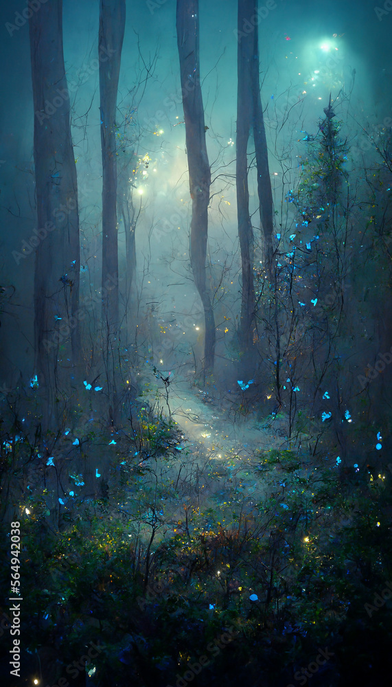 forest blue glowing butterflies mild fog moonlight ultra reali illustration Generative AI Content by Midjourney
