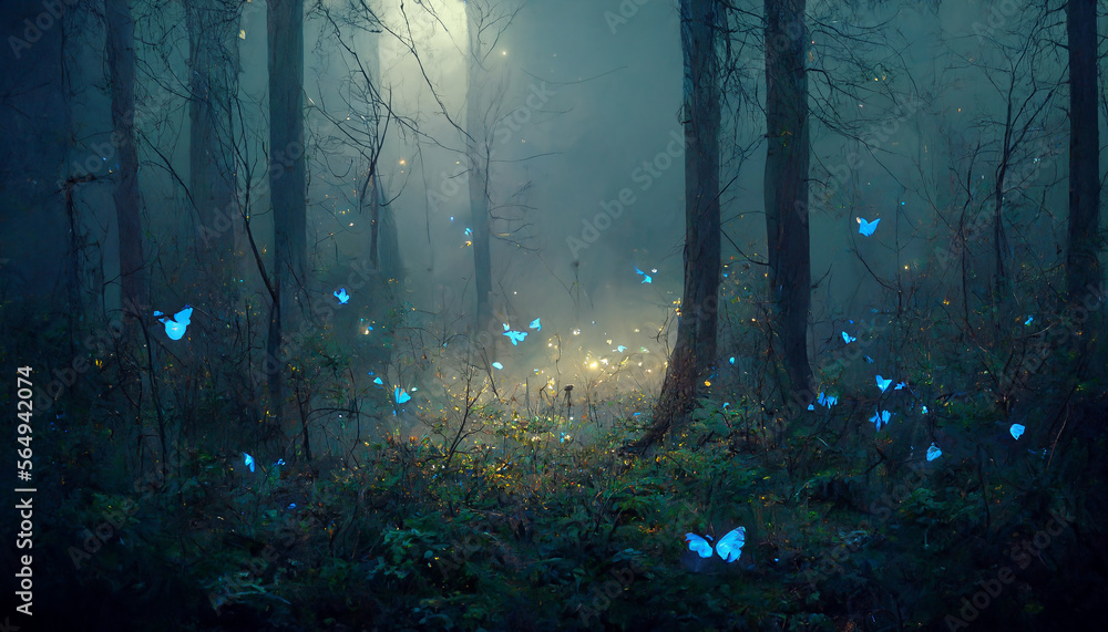 forest blue glowing butterflies mild fog moonlight ultra reali illustration Generative AI Content by Midjourney
