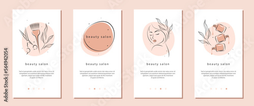 Beauty salon icon set for mobile apps, social media posts and stories. Manicure, makeup, hairdressing. Beautiful woman face, nail polish, scissors and hair brush. Vector illustrations