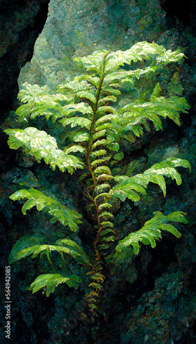 Jurassic Period Volcano Forest Cave Fern illustration Generative AI Content by Midjourney