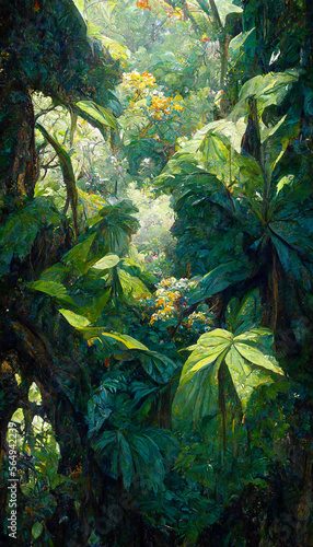 oil painting of the jungle canopy big leaves flowers detailed  illustration Generative AI Content by Midjourney