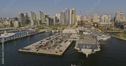 San Diego California Aerial v91 low flyover bay capturing historical uss midway museum, broadway pier, cruise ship terminal and waterfront downtown cityscape - Shot with Mavic 3 Cine - September 2022 photo