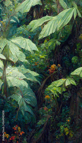 oil painting of the jungle canopy big leaves flowers detailed  illustration Generative AI Content by Midjourney