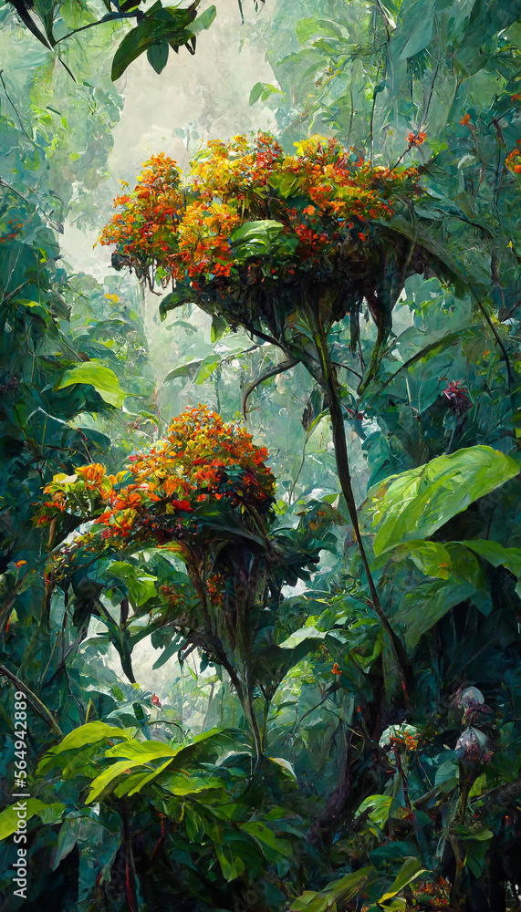 oil painting of the jungle canopy big leaves flowers detailed  illustration Generative AI Content by Midjourney