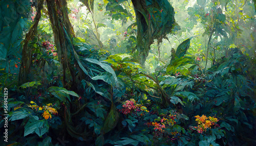 oil painting of the jungle canopy big leaves flowers detailed illustration Generative AI Content by Midjourney