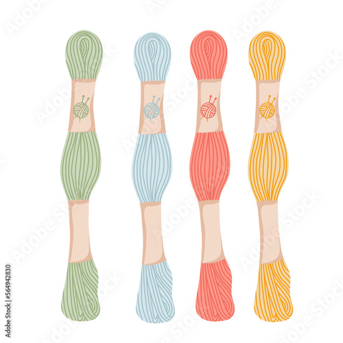 Set of colorful hank yarn for knitting, crochet or embroidery.  Female hobby. Hand drawn vector illustration of knitting supplies, hobby items, leisure time concept