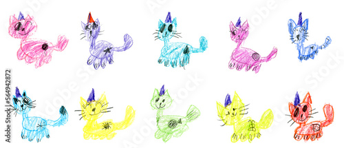 Colored kid s crayon hand drawn illustration cats set