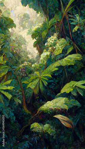 oil painting of the jungle canopy big leaves flowers detailed illustration Generative AI Content by Midjourney © simon