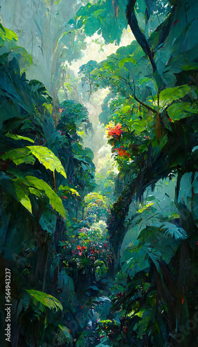 oil painting of the jungle canopy big leaves flowers detailed  illustration Generative AI Content by Midjourney