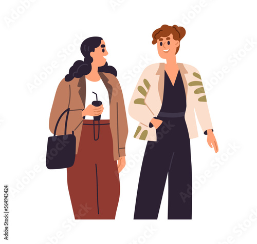Happy women walking, talking. Girls friends chatting, going together outdoors. Young modern smiling girlfriends speaking, strolling on street. Flat vector illustration isolated on white background