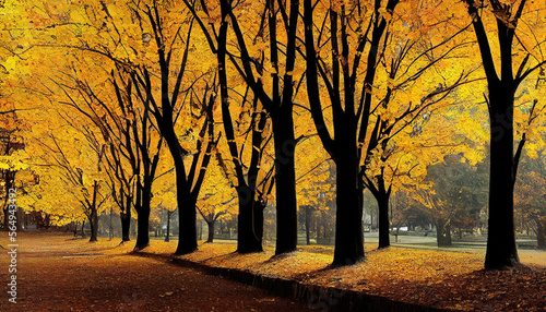 autumn avenue of trees in the park, golden leaves, autumn, pleasant glow
