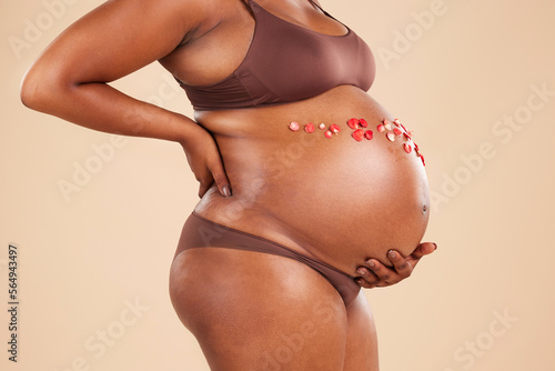 Woman, pregnant and flowers on belly in studio for body, baby wellness and ivf healthcare. Closeup stomach, floral plants and pregnancy glow of mother, abdomen skincare or gynecology of natural birth photo