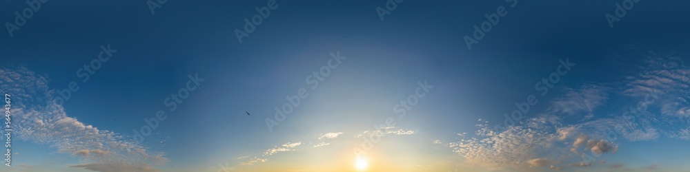 Fototapeta premium Blue summer sky panorama with light Cirrus clouds. Hdr seamless spherical equirectangular 360 panorama. Sky dome or zenith for 3D visualization and sky replacement for aerial drone 360 panoramas.