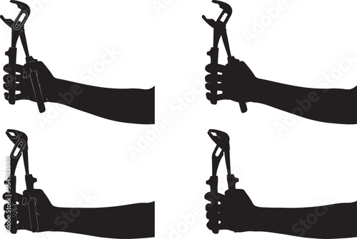 Hands illustration holding different adjustable pliers isolated on white