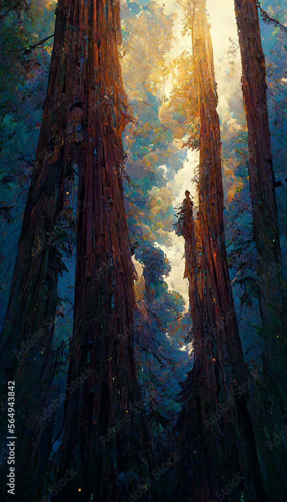 looking up at a massive redwood tree dramatic lighiting Generative AI Content by Midjourney looking up at a massive redwood tree dramatic lighiting Generative AI Content by Midjourney