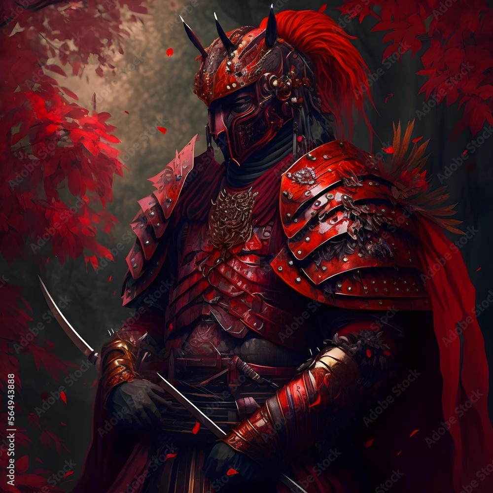 fantasy image male scarlet samurai warrior in full red samurai armor  painting Stock Illustration | Adobe Stock