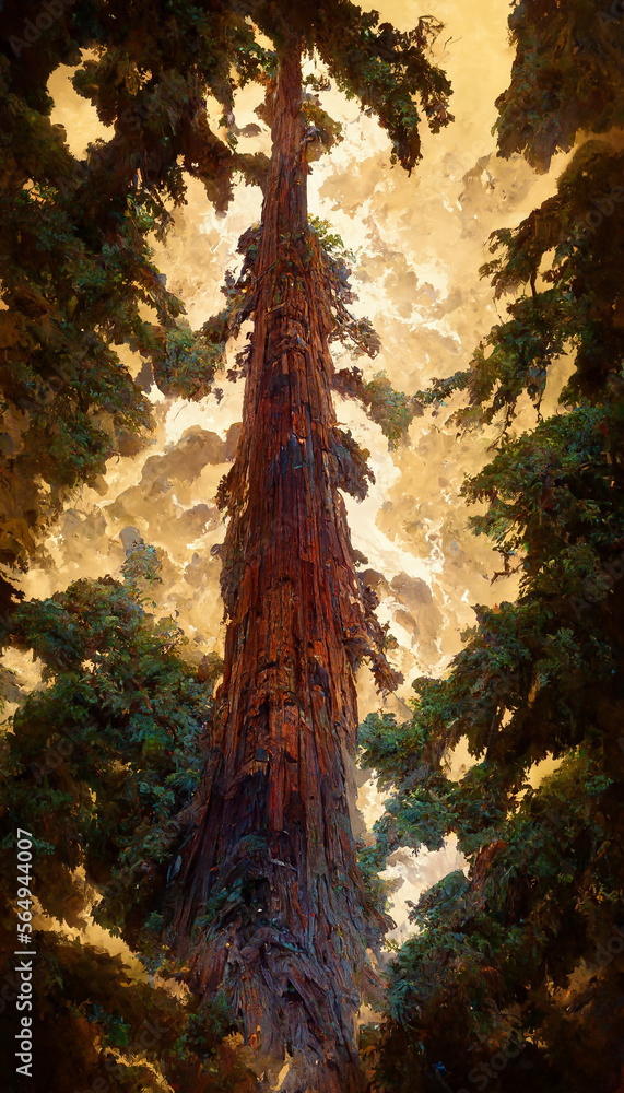 Fototapeta premium looking up at a massive redwood tree dramatic lighiting Generative AI Content by Midjourney