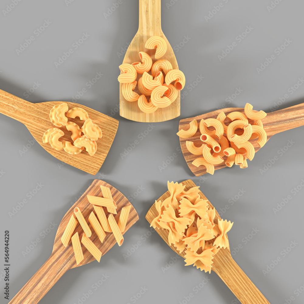 Pasta on wooden spatulas top view 3d render. Macaroni of various types