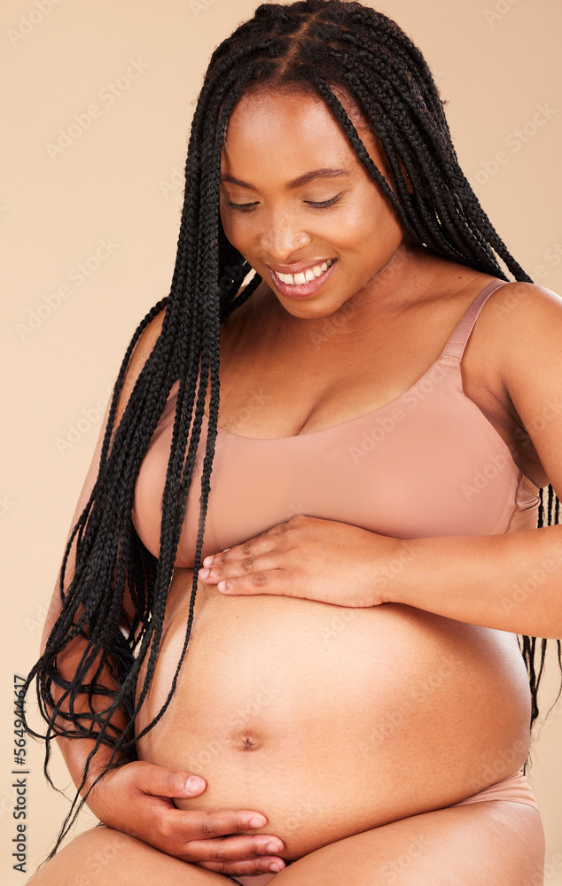 Pregnancy feeling, lingerie or relax woman with studio smile, happy and  excited for baby, stomach growth or motherhood. Gynecology, maternity or  pregnant African model with healthcare, love and hope Photos | Adobe