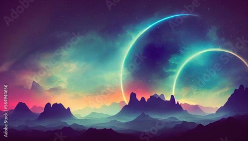Abstract fantasy neon space landscape. Star nebulae, month and moon, mountains, fog. Unreal fantasy world. Silhouettes, horoscope, zodiac signs. 3D illustration. © Valerij