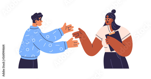 People discussing, chatting and gesturing. Man and woman experts explaining, speaking, talking about work. Communication, discussion concept. Flat vector illustration isolated on white background
