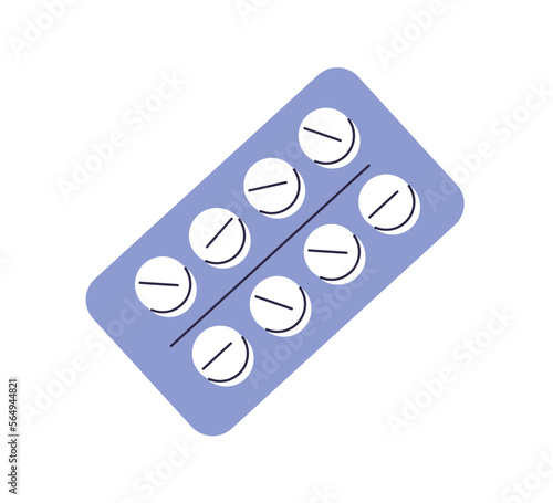 Pill blister with round tablets, medicines. Medical package with medicaments, drugs. Painkillers in pack. Pharmacy, prescription concept. Flat vector illustration isolated on white background photo
