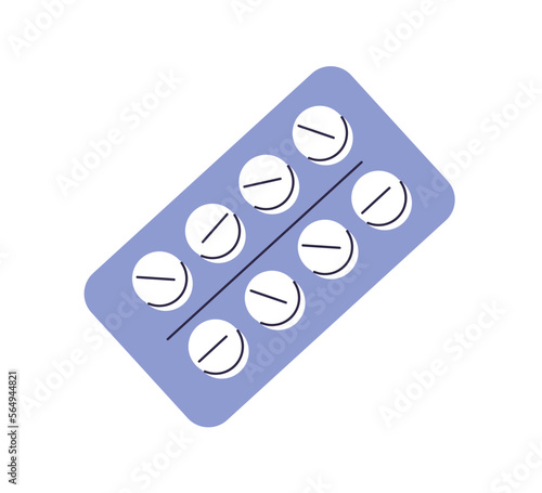 Pill blister with round tablets, medicines. Medical package with medicaments, drugs. Painkillers in pack. Pharmacy, prescription concept. Flat vector illustration isolated on white background