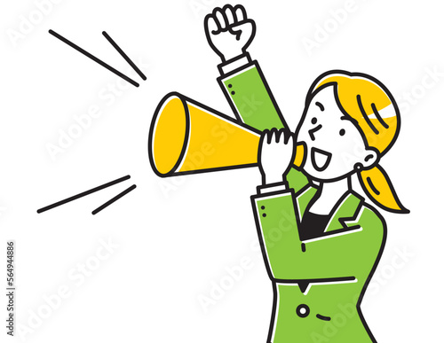 メガホンを持って応援するスーツ姿の若い女性