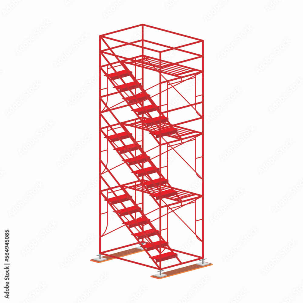 Three level of red isometric scaffolding frame with jack base and plate construction vector illustration. Work at height platform with fall protection of guardrail. Three level of red isometric scaffolding frame with jack base and plate construction vector illustration. Work at height platform with fall protection of guardrail.