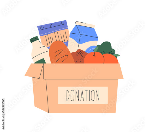 Donation box with food, humanitarian aid. Cardboard full of groceries, foodstuff, products for needy, hungry. Charity, charitable help concept. Flat vector illustration isolated on white background