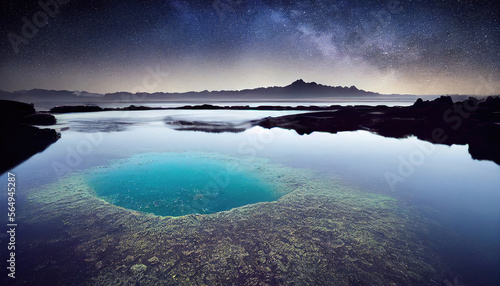 huge lakes with blue water, mountains in the distance. deep lakes inside, blue water, night atmosphere