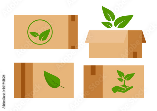 Sustainable recycle cardboard box with green leaves icon set isolated on white background. Biodegradable reusable cartoon package. Vector flat design illustration.
