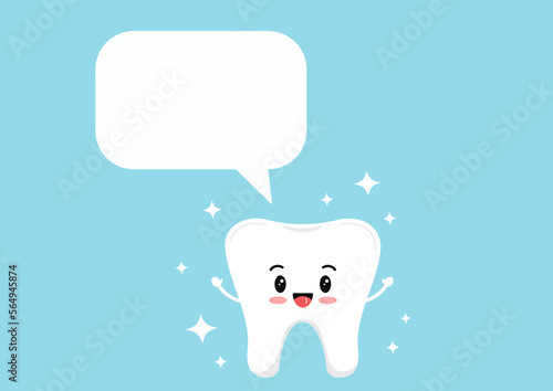 Happy tooth with sparcles icon with speech bubble isolated on blue background. Flat cute design kawaii dental emoticon. Vector cartoon style teeth character. 