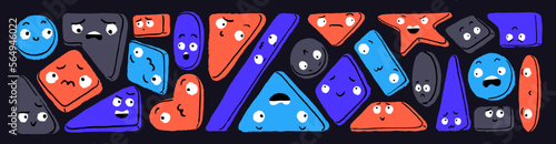 Cute funny faces in geometric shapes set. Emojis, emotions in geometry figures with angry, happy, sad expressions, positive and negative mood, feelings. Isolated kids flat graphic vector illustrations
