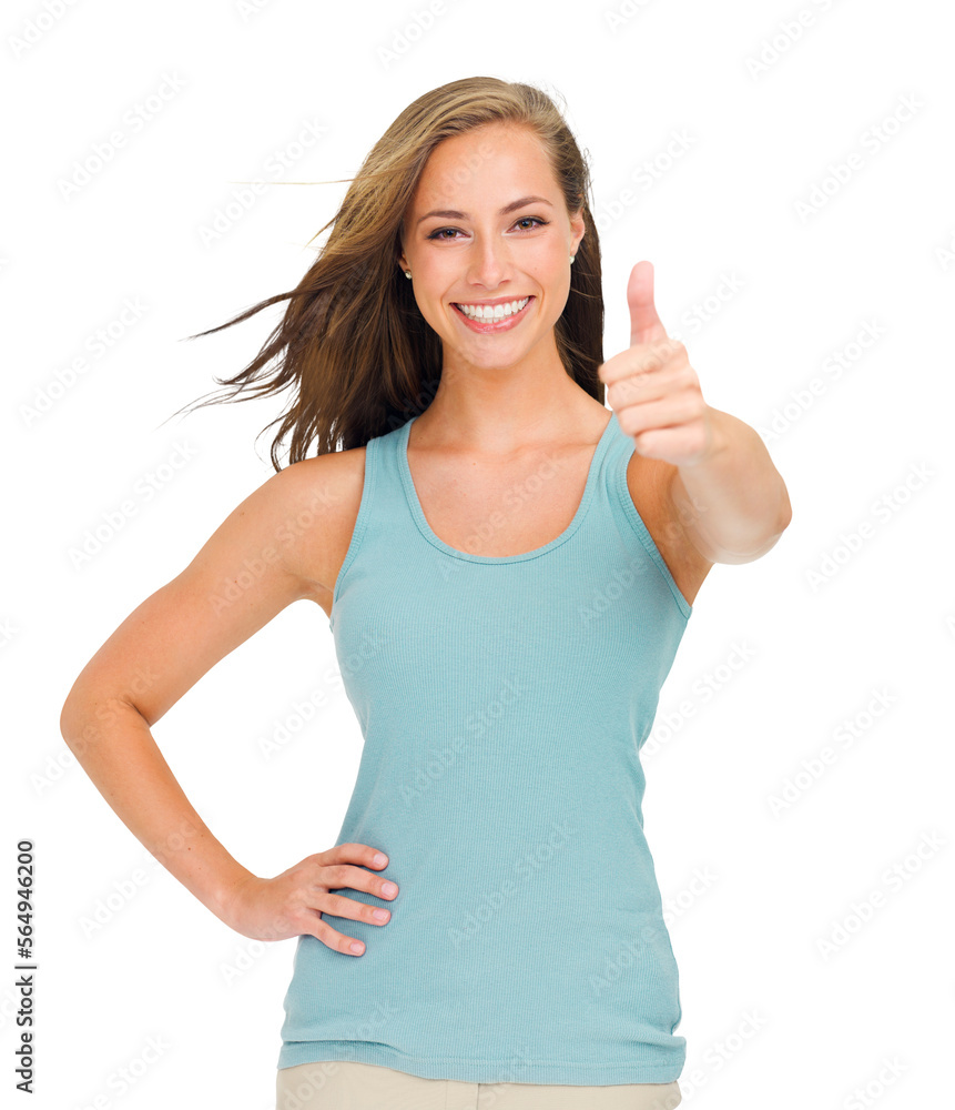 Portrait of a beautiful young woman showing a thumb up isolated on a PNG background. Portrait of a beautiful young woman showing a thumb up isolated on a PNG background.