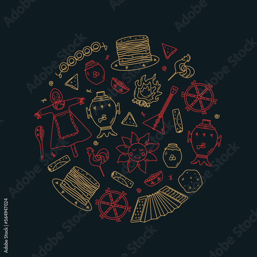 A set of doodle elements of pancake day. Vector illustration of icons of the traditional Russian holiday Maslenitsa. Sun, scarecrow, accordion balalaika, samovar,