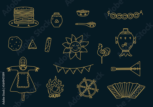A set of doodle elements of pancake day. Vector illustration of icons of the traditional Russian holiday Maslenitsa. Sun, scarecrow, accordion balalaika, samovar,
